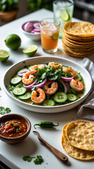 Fresh shrimp zucchini and mixed vegetable salad for healthy meal concept diet plan presentation social media health infographic graphics food wallpaper background