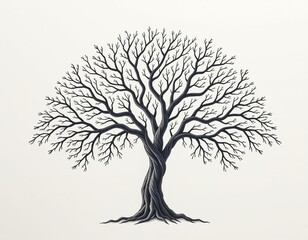 A detailed black and white illustration of a leafless tree with twisting branches and a textured trunk on a plain white background.