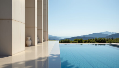 Serene architectural scene featuring modern poolside view with mountains in background, evoking tranquility and elegance