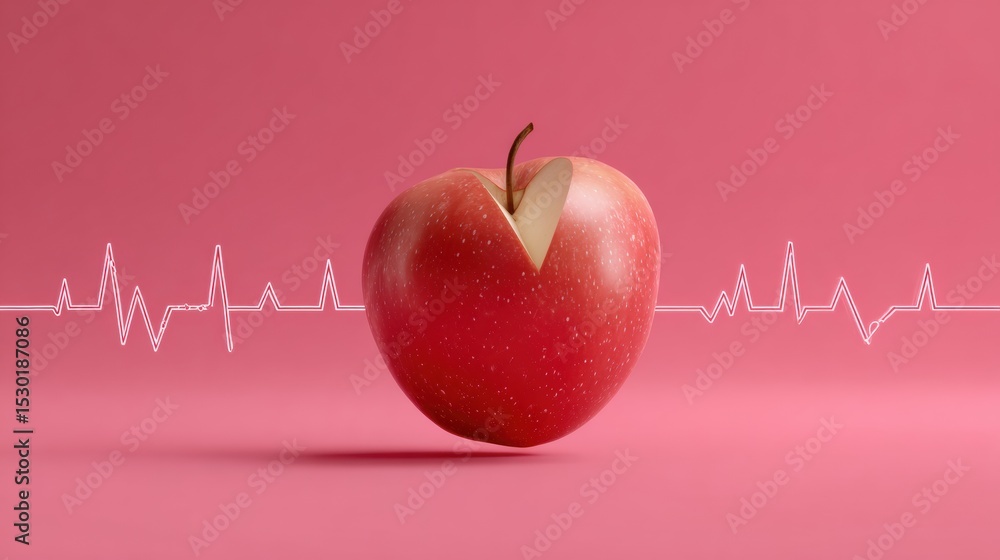 Aufkleber red apple sliced into a heart shape with a heartbeat line illustrating wellness with a minimalist ba