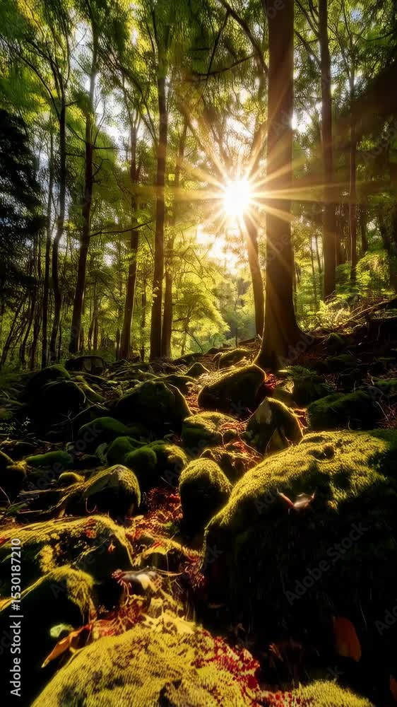Poster sunlight streaming through the trees in a mossy forest illuminating moss covered rocks and lush gree