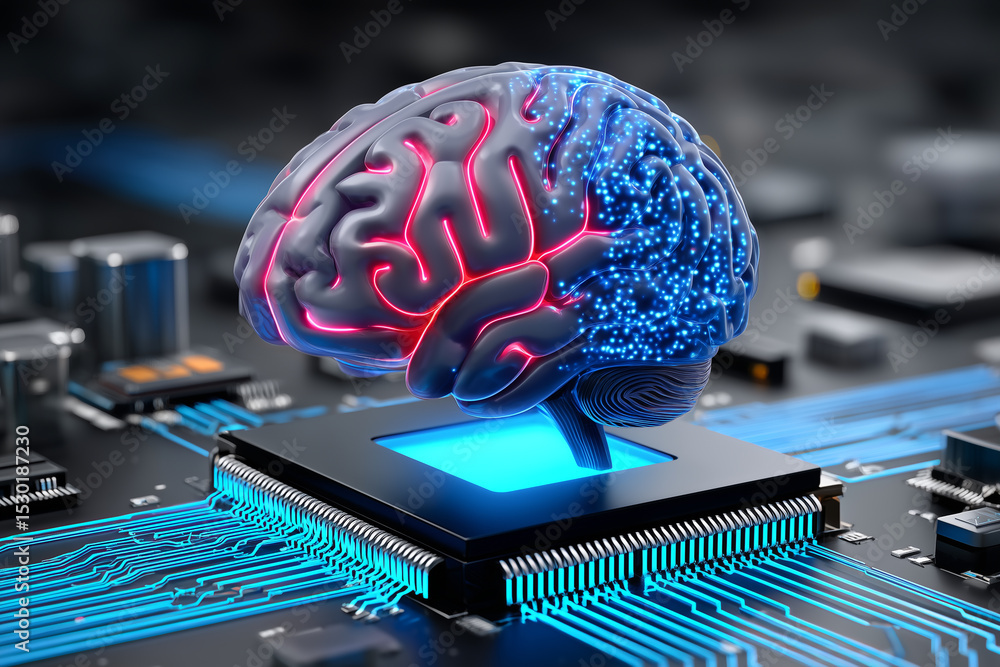 Poster artificial intelligence brain on processor chip futuristic technology concept