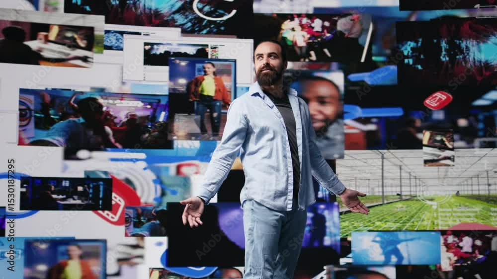 Poster determined guy admires social media visuals and user interface elements highlighting the power of co