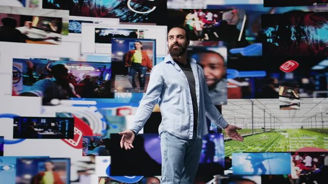 Determined guy admires social media visuals and user interface elements highlighting the power of communication and influence. Modern user experience and web design, self belief. Camera B.