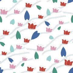 Seamless pattern with abstract floral elements and colorful leaves creates cheerful and modern design for fabric or wallpaper