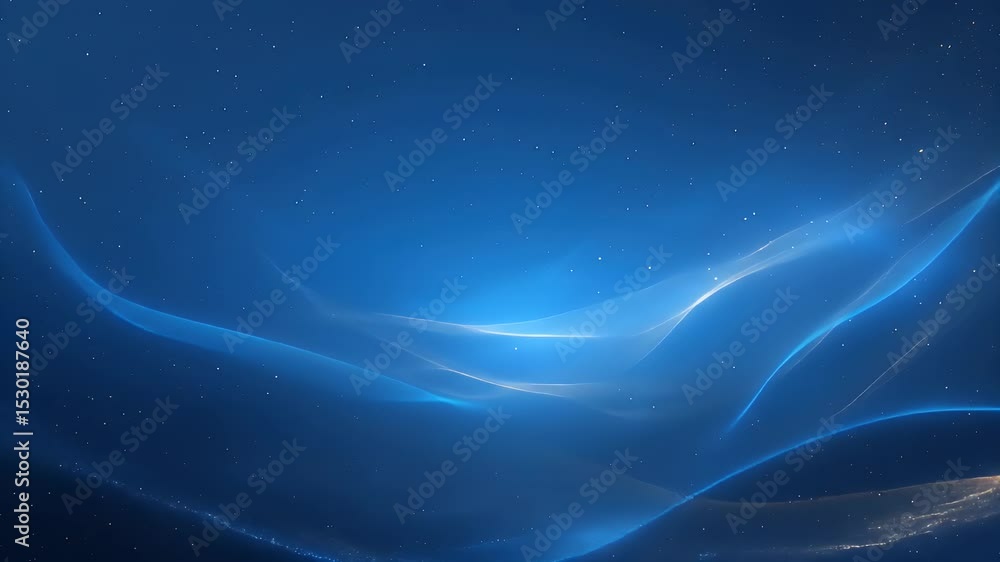 Poster abstract wavy lines on dark blue background with shiny particle effects creating dynamic motion and 