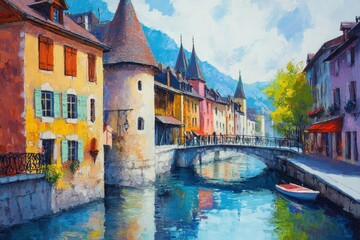 Annecy France. Mediaeval Cityscape of Thiou River and Bridge in 2018