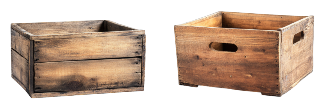 Two Rustic Wooden Crates Isolated On A Transparent Background One Crate Has A Small Handle On The Side The Other Crate Has A Small Hole On The Side Both Crates Are Made Of Rough-hewn Wood With Visible