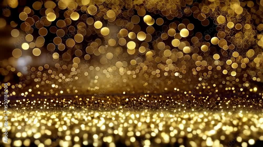 Poster abstract golden glittering particles floating on a dark surface with bokeh effect, celebration backg