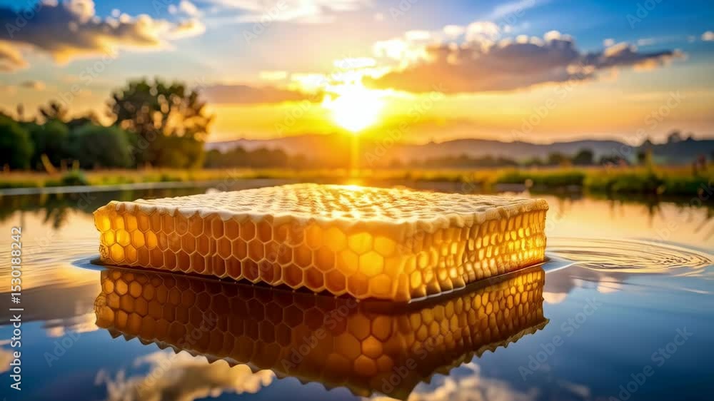 Poster golden honeycomb floats on water reflecting sunset in a serene natural setting with trees and a hori