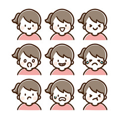 ポニーテールの女の子の上半身の表情イラストセット（カラー）