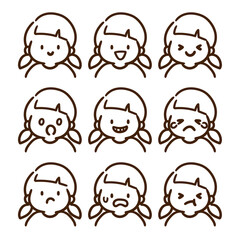 元気な女の子の上半身の表情イラストセット（白黒）