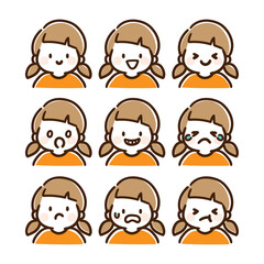 元気な女の子の上半身の表情イラストセット（カラー）