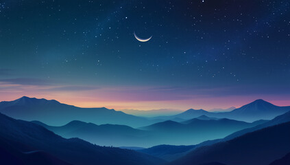 A crescent moon over a mountainous desert landscape with a starry night sky. The night sky with stars and a crescent moon over the mountains, a blue color background