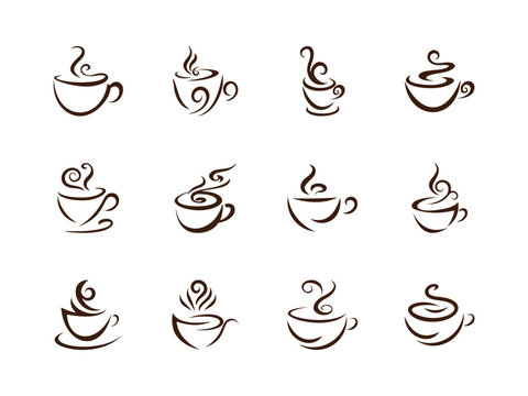 Set of stylized coffee cup icons in brown color, each with unique steam swirl designs, minimalist, line art style, perfect for café logo, coffee shop branding, and menu design