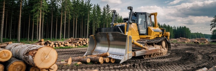 Obraz premium Bulldozer Clearing Logs in Forest