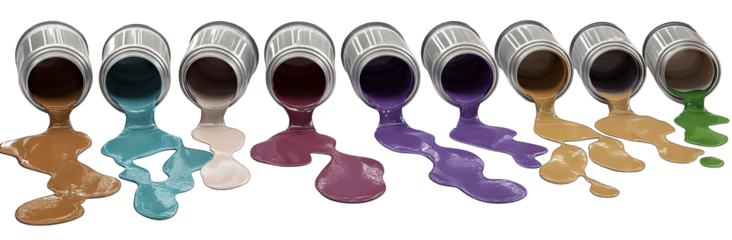 Ten Paint Cans Spilled With Different Colors Of Paint