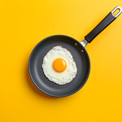 Fried Egg in Pan on Yellow Background &ndash; Minimalist Breakfast Food Concept