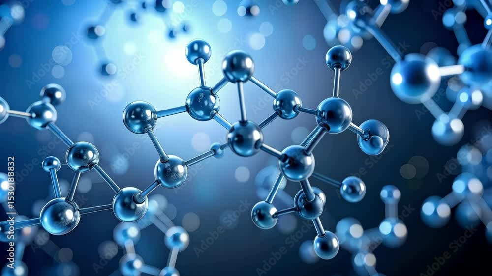Poster complex interconnected molecule structure with spherical nodes and connecting rods on a blue gradien