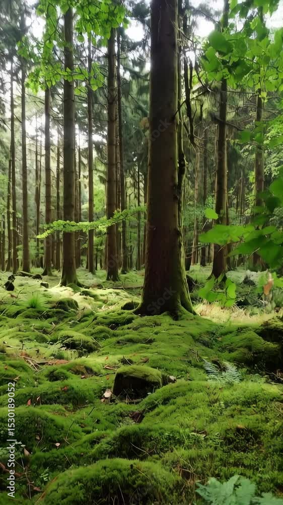 Poster sunlight filtering through tall tree trunks onto moss covered forest floor with ferns and dense unde