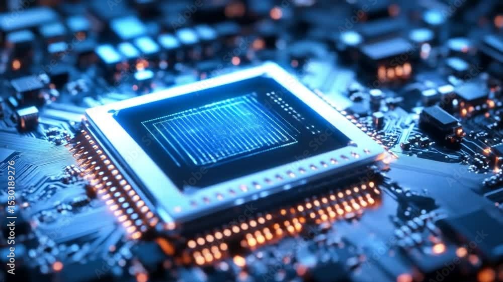 Poster illuminating intricacies: close-up view of a modern processor and circuitry