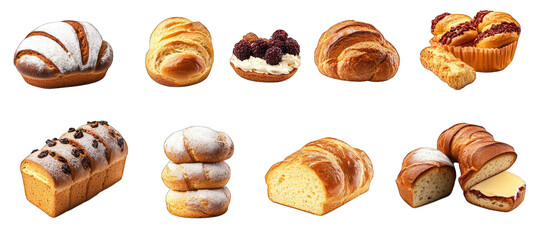 A Collection Of Various Bread And Pastry Products Including Croissants Rolls And Loaves Isolated On A Transparent Background
