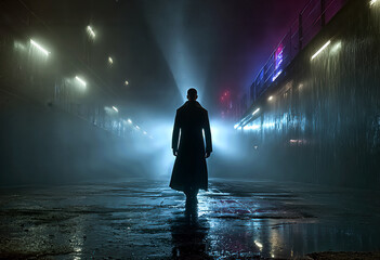 Mysterious Figure Walks Through a Foggy Alley Illuminated by Neon Lights and Atmospheric Fog on a Rainy Night