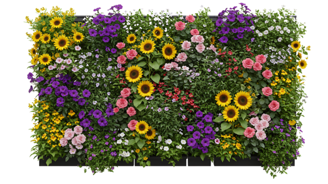 Vibrant summer flower wall planter with sunflowers and roses
