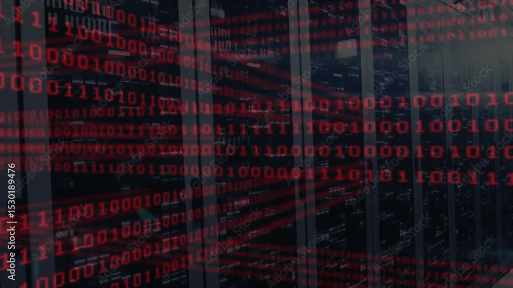Poster faint red binary digits appearing over server racks, drifting diagonally visualizing data flow