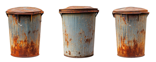 Three Rusty Metal Trash Cans With Lids Isolated On A Transparent Background