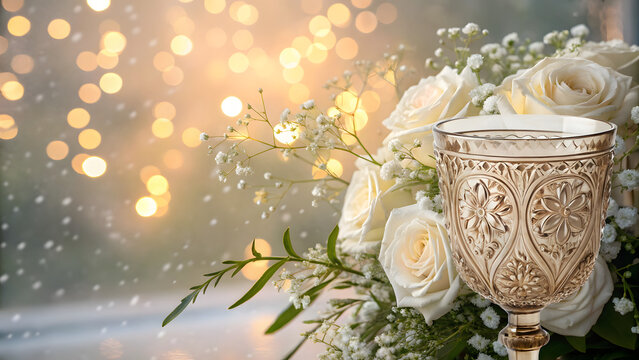 Background for digital First Communion invitation featuring a chalice as an ornament and elegant white-toned flowers, designed with subtle and sophisticated lights and sparkles
