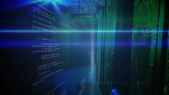 On code reveal, JavaScript code flowing and fading over grid to reveal high-tech corridor