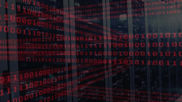 Faint red binary digits appearing over server racks, drifting diagonally visualizing data flow