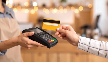 Customer Paying with Credit Card at Cafe Counter with Contactless Payment Concept.