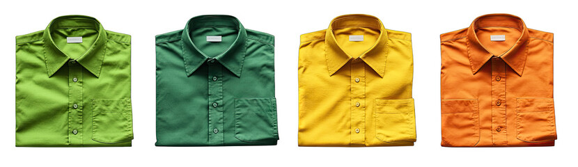 Four Folded Men's Shirts In Green Light Green Yellow And Orange Colors Arranged In A Row On Transparent Background