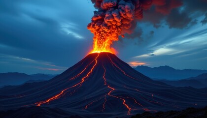 ultra realistic 8k high resolution image of a volcano erupting at twilight, deep blue sky contrasted with glowing orange lava, cinematic color grading