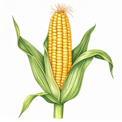 Detailed Illustration of Ripe Yellow Corn with Green Husks