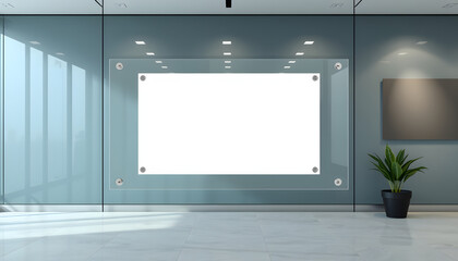 "Clean modern transparent acrylic corporate office signage mockup template, sleek wide glass branding board with logo space, clear professional advertising sign plate proportion 1:2 side angle view"