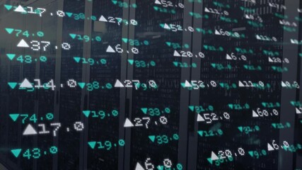 On startup 3D floating numbers and arrows pulsing and shimmering over servers visualizing live data