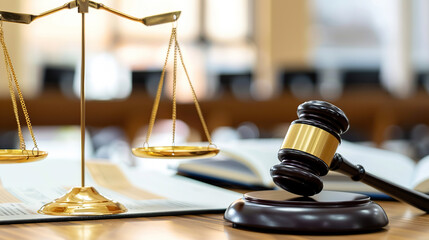 Gavel resting on legal documents with open law book, symbolizing justice, court trial, legal dispute resolution and copyright law concept.