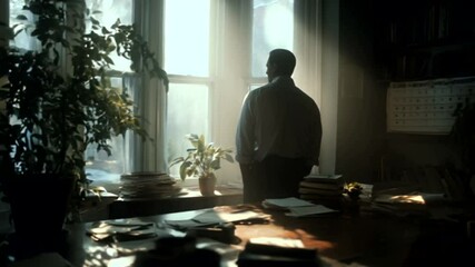 Man looking out a window in an office - Powered by Adobe