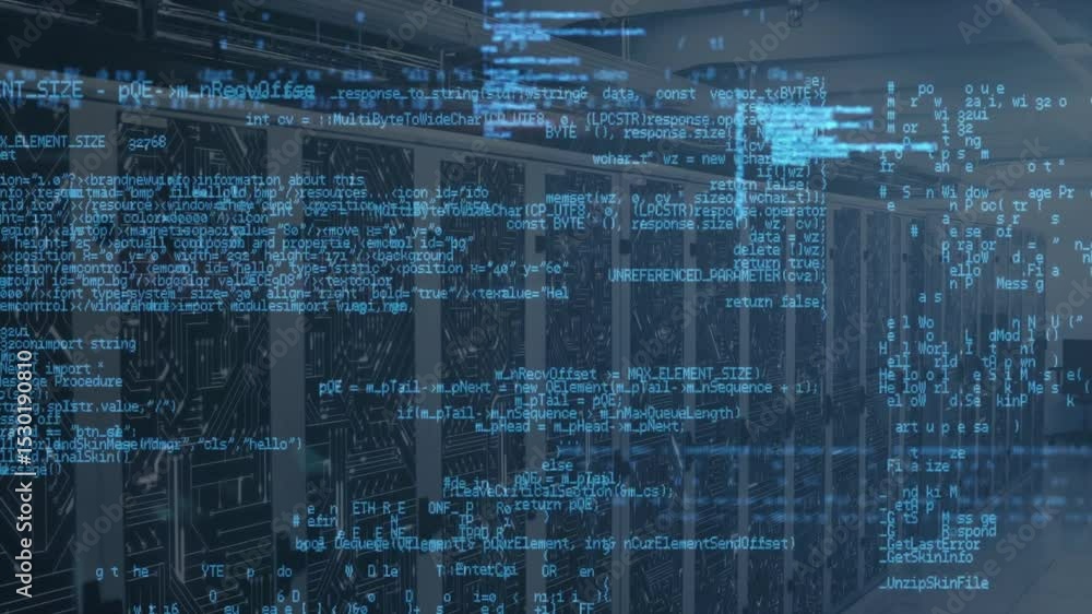 Poster at start server cabinets receiving blue code streaming, splitting to visualize data processing