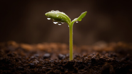 Young seedling sprouting from soil with water droplets, symbolizing growth and renewal