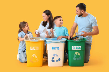 Family with containers sorting garbage on yellow background. Global Recycling Day