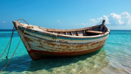Obraz premium Sun-bleached Adriatic fishing boat, weathered wood, nets , vintage, weathered, maritime