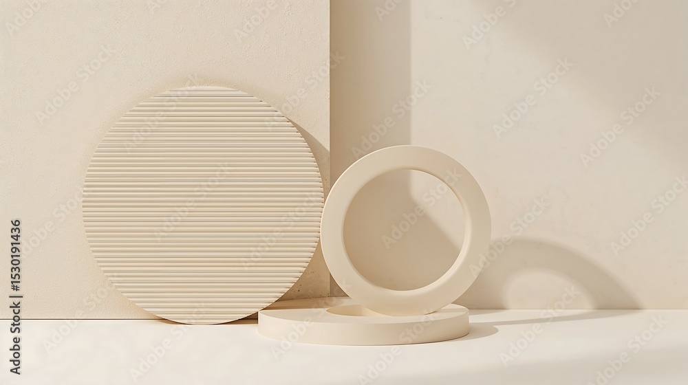 Poster minimalist abstract composition cream colored grooved circle and ring forms on beige background imag