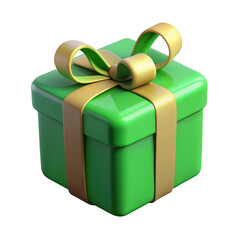 3d green gift box with gold bow isolated on transparent background