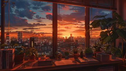 city night, city light, city sunset over the window