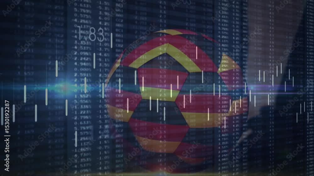Poster at start chart bars fading revealing striped sphere rotating and data pulsing showing market trend
