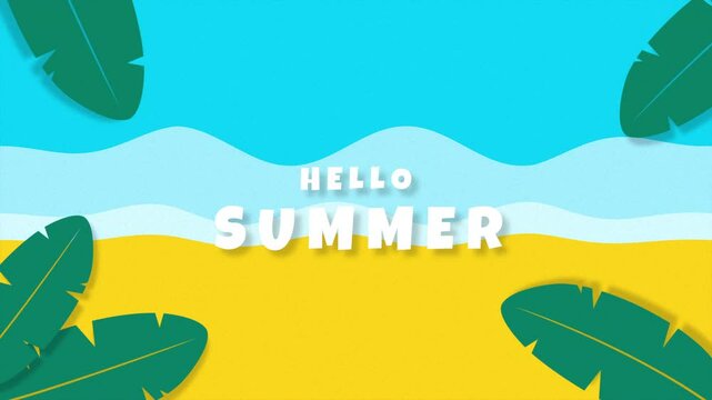 textured mooth animated summer background with tropical banana leaves, yellow sand, and blue waves portrait. A cheerful and minimal flat design perfect for seasonal greeting content